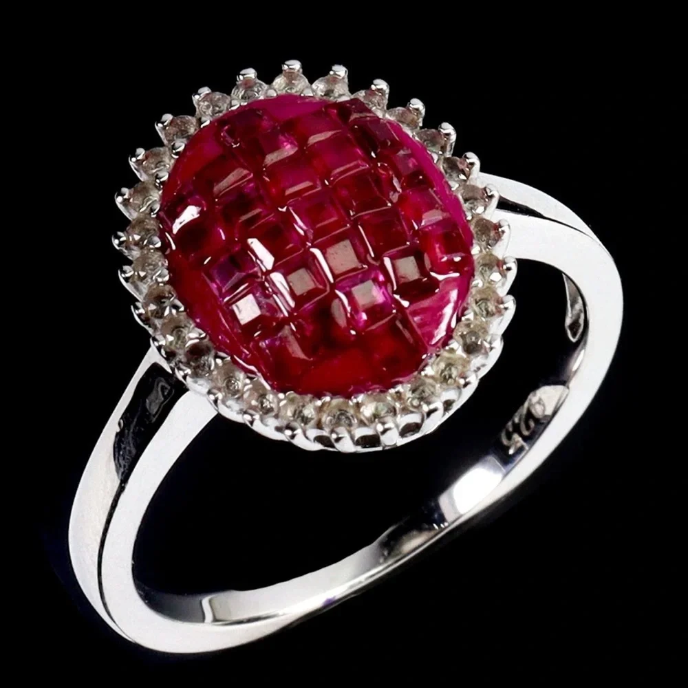 Natural Ruby Princess Cut Halo Ring White Topaz Accent in 925 Silver Size 7